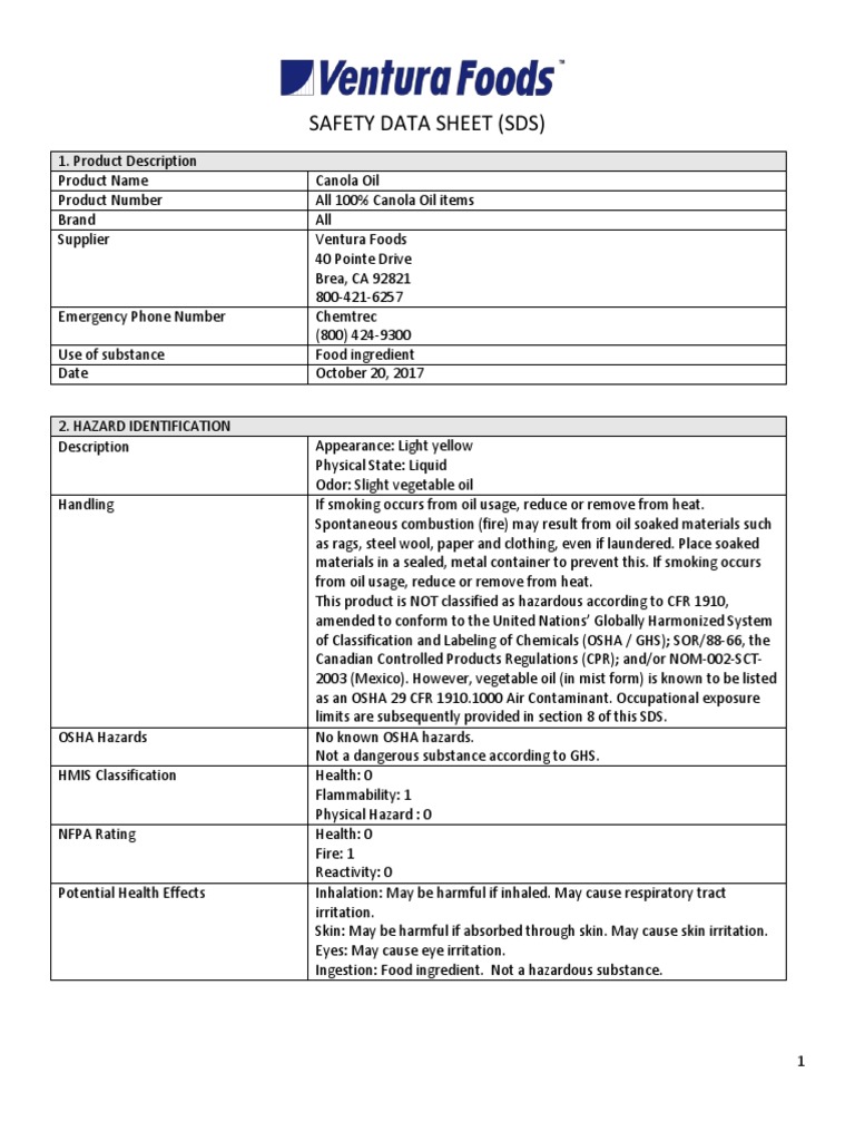VF SDS Canola Oil PDF Dangerous Goods Firefighting