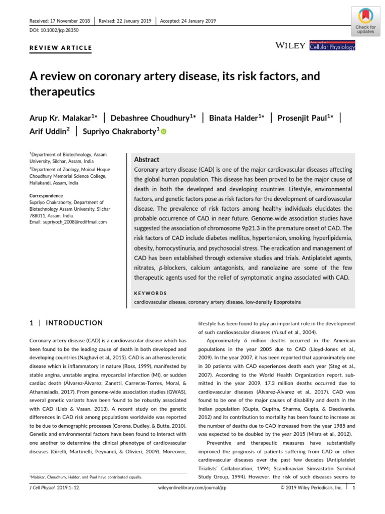 A Review On Coronary Artery Disease, Its Risk Factors, and Therapeutics ...