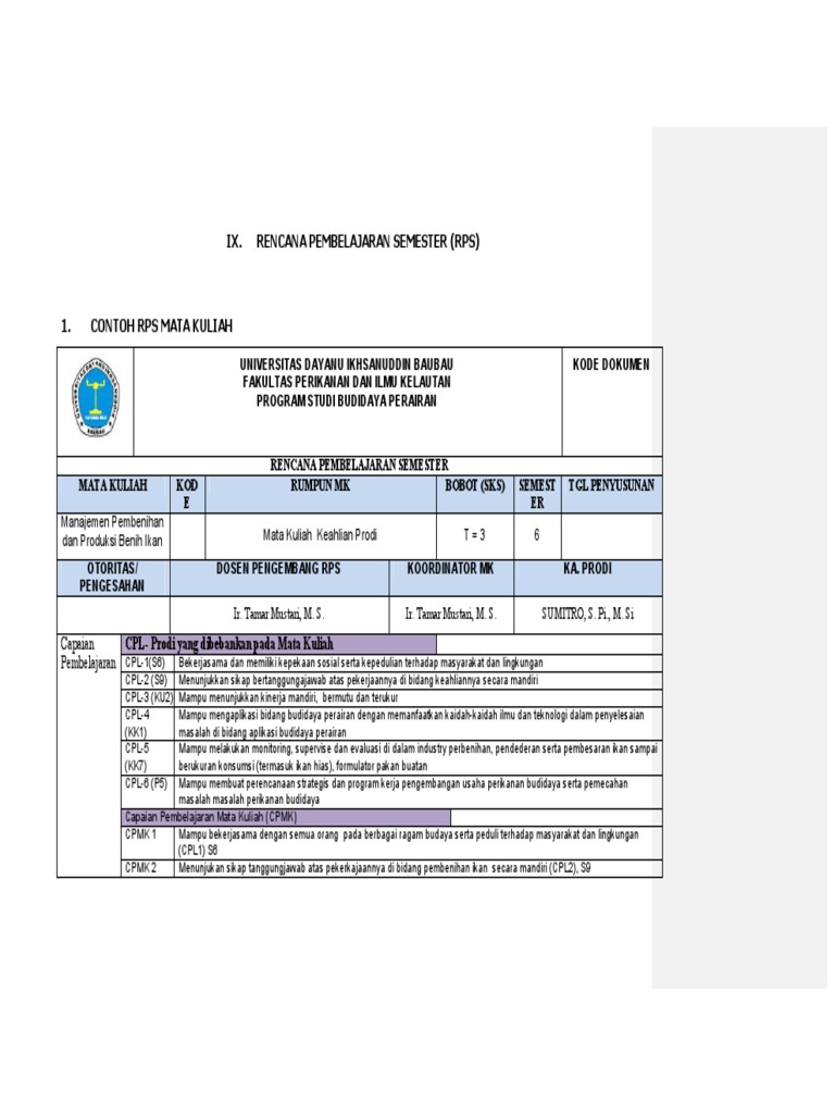 Contoh RPS Mata Kuliah Perikanan | PDF | Sains & Matematika
