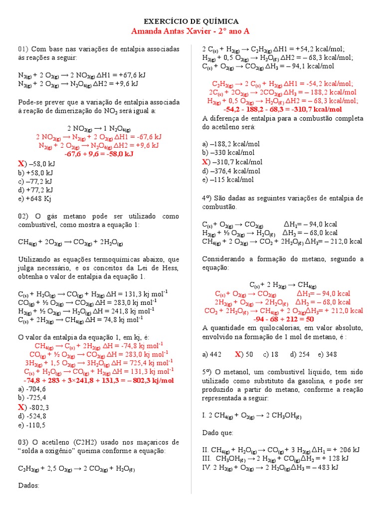 EXERCÍCIO DE QUÍMICA (Lei de Hess) | PDF | Entalpia | Combustão