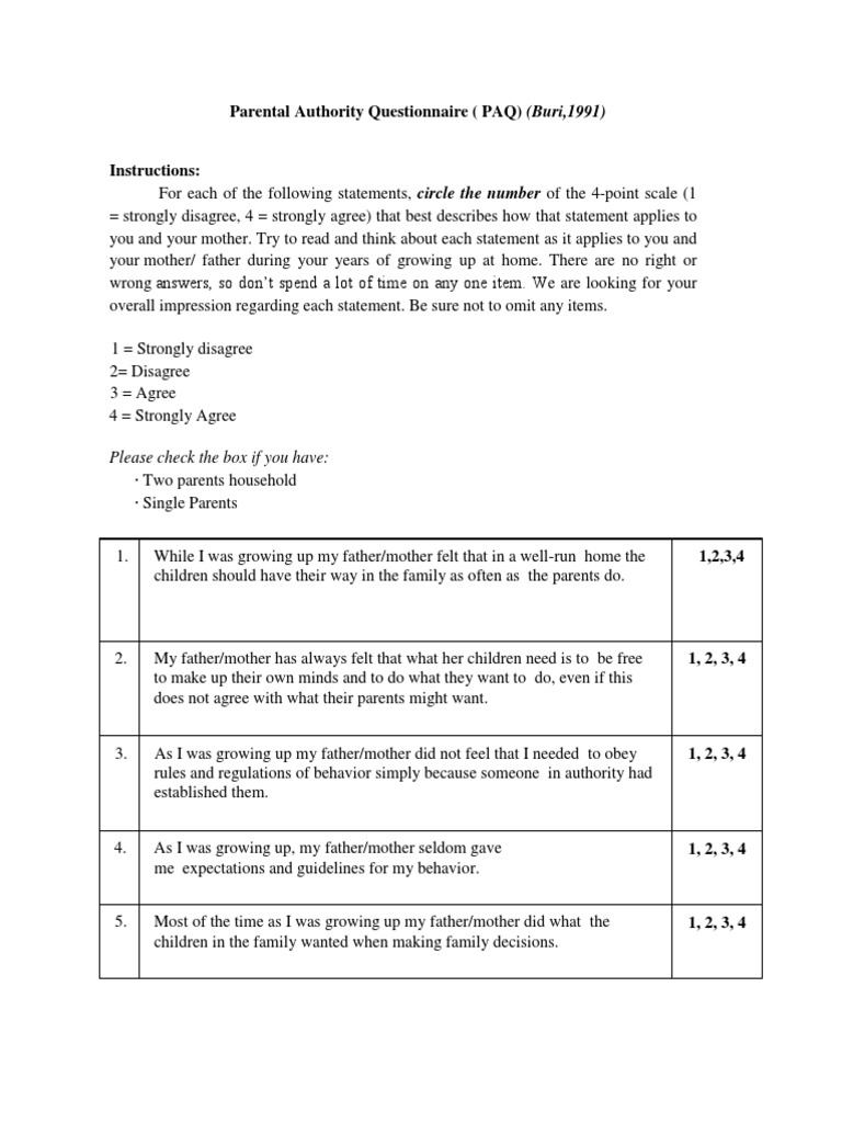 Parental Authority Questionnaire (PAQ) | PDF | Father | Behavioural ...