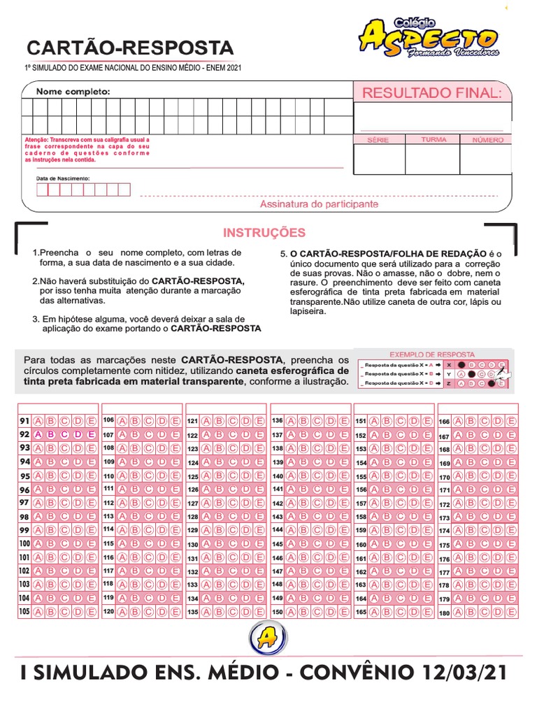 Cartão Resposta de Simulado - 2º Dia | PDF | Caneta | Conservação e ...