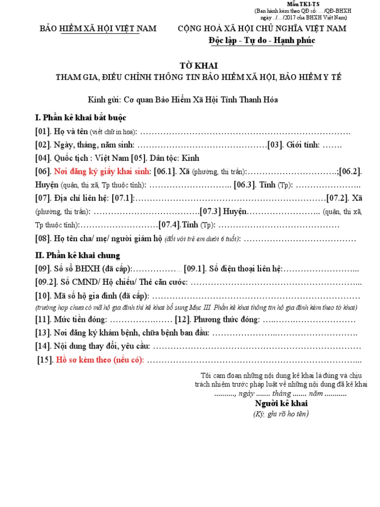 Mau TK1-TS - QD 595 BHXH v1 | PDF