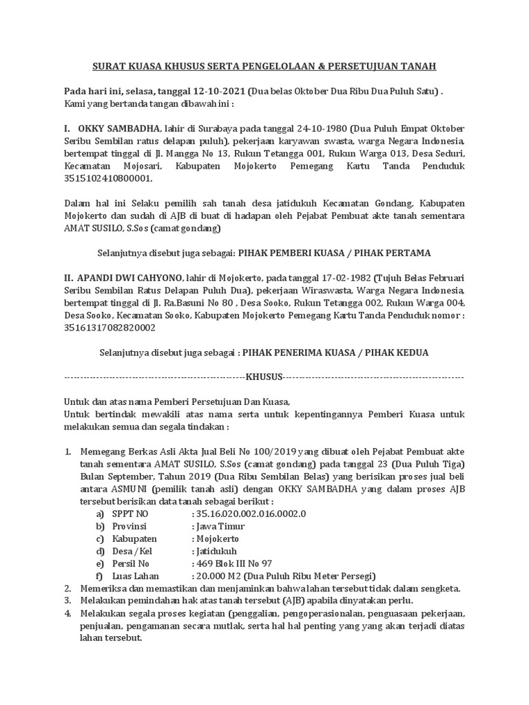 Surat Kuasa Dan Persetujuan Okky | PDF