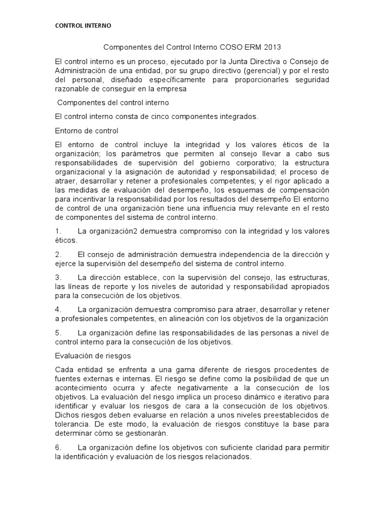 Componentes del Control Interno COSO 2013 | PDF | Información ...
