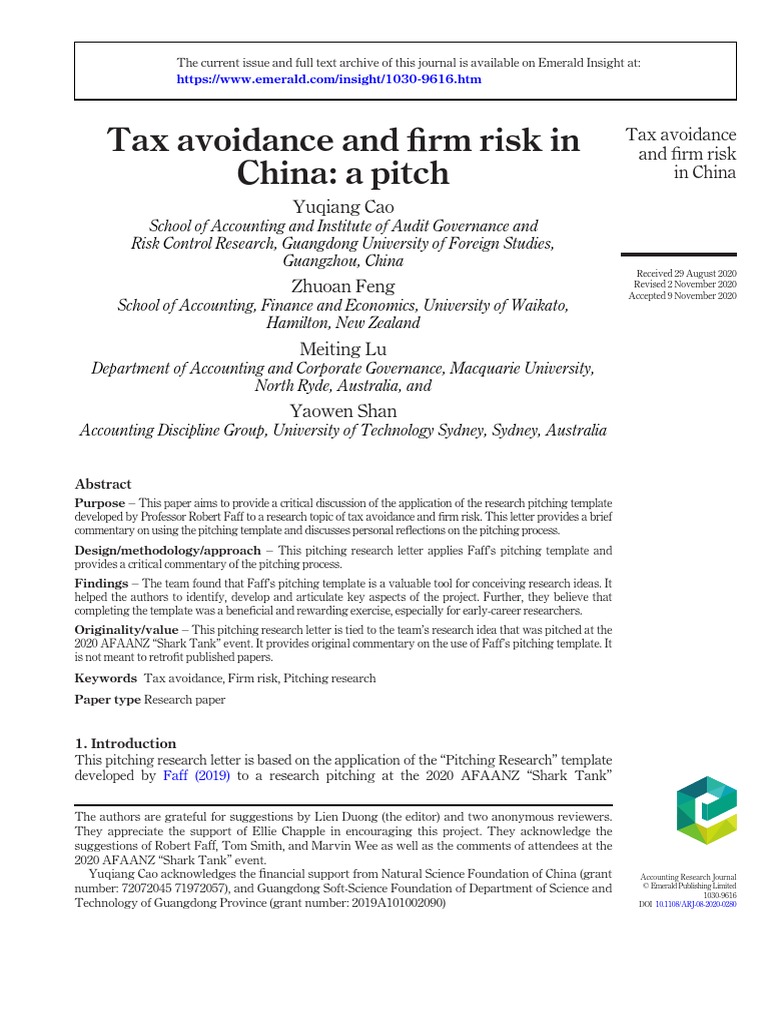 Tax Avoidance and Firm Risk in China: A Pitch: Yuqiang Cao | PDF | Risk ...