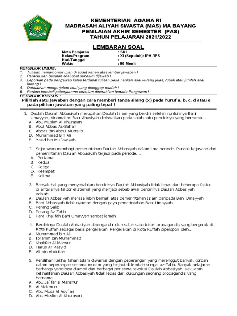 Soal Ski Kelas Xi Sem 1 Pdf