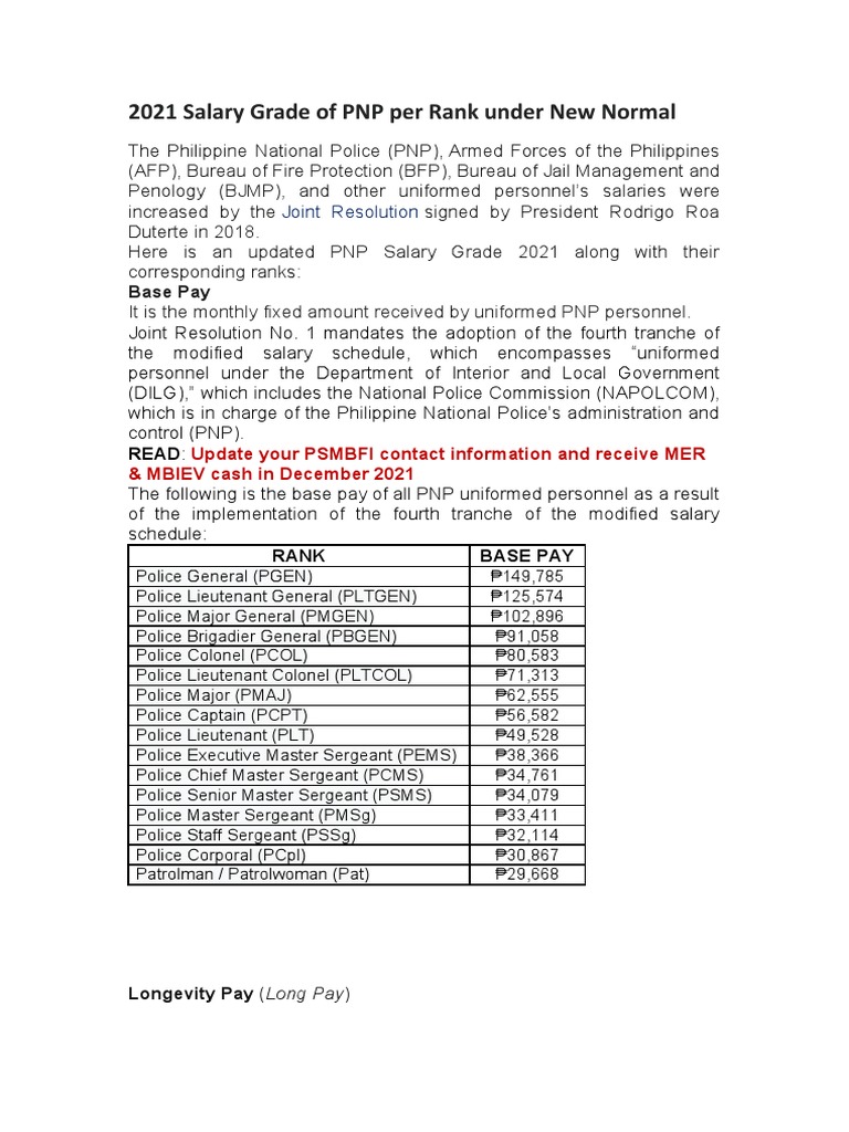 2021 Salary Grade of PNP Per Rank Under New Normal | PDF | Sergeant |  Lieutenant