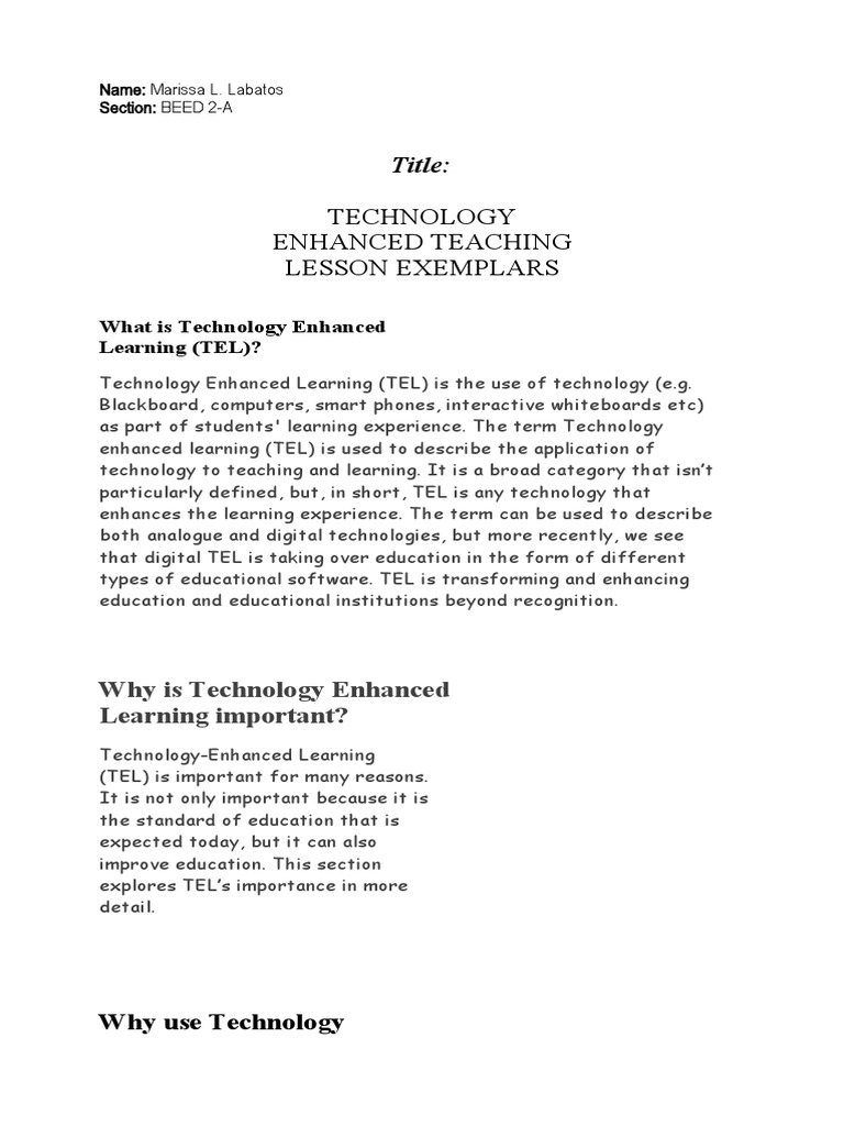 Technology Enhanced Teaching Lesson Exemplars: Title | PDF | Learning ...