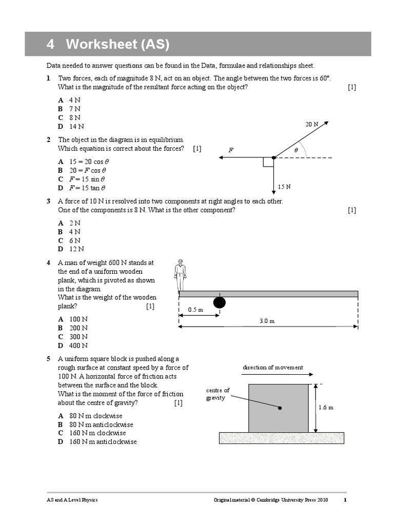 4 Worksheet (AS) : AS and A Level Physics Original Material © Cambridge ...