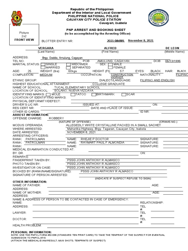PNP Arrest and Booking Sheet for Alfred Vergara for Alleged Robbery in ...