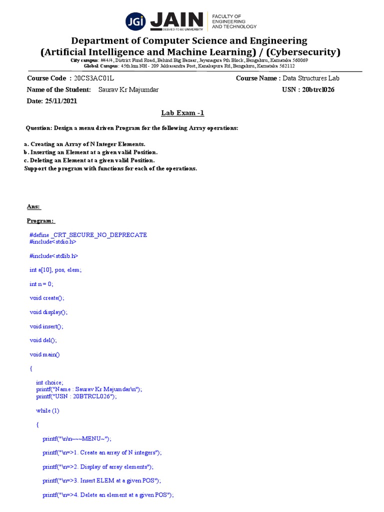 Data Structures Lab: Array Operations Program | PDF | Array Data ...