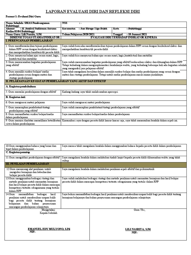 Laporan Evaluasi dan Refleksi Guru | PDF | Pengembangan Diri