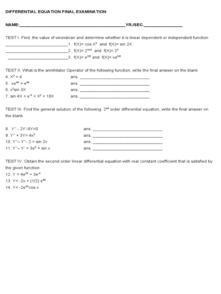 Differential Equations Final Exam | PDF