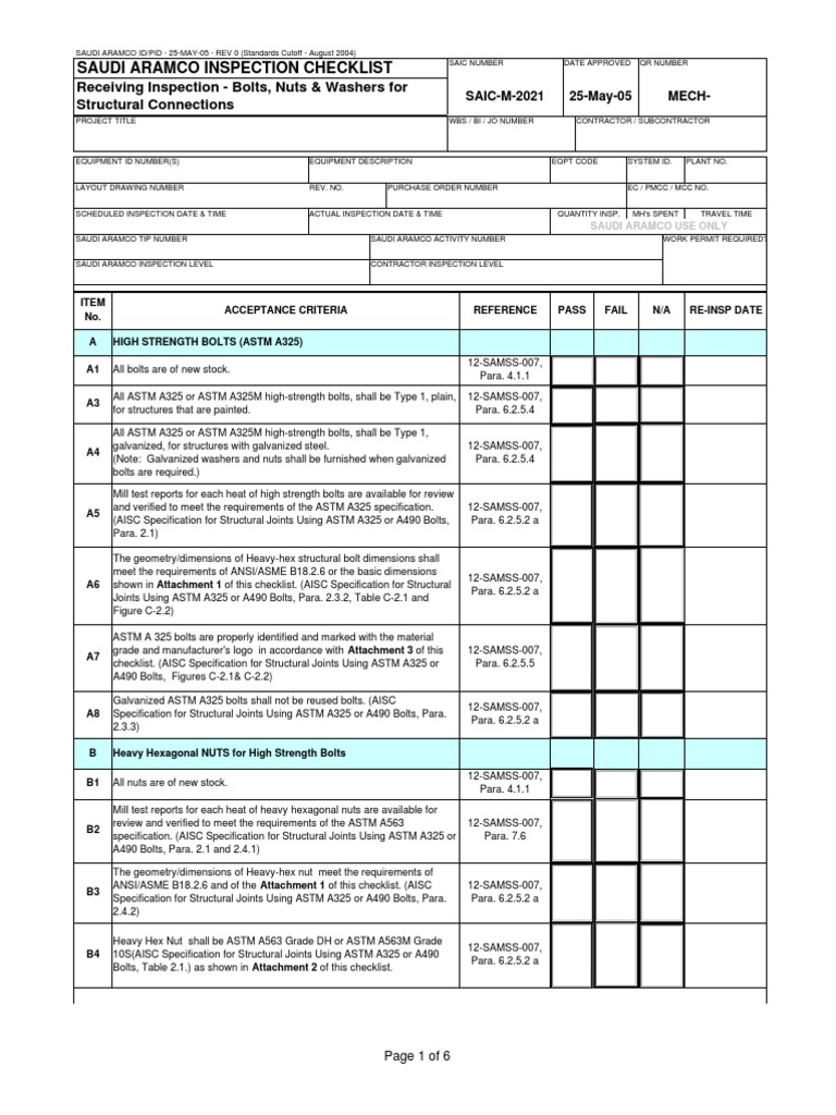 Inspection Checklist for A490 Bolts | PDF | Screw | Nut (Hardware)