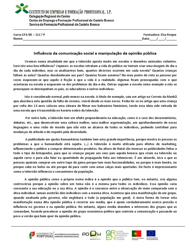 Influência dos Media na Opinião Pública | PDF | Opinião pública ...