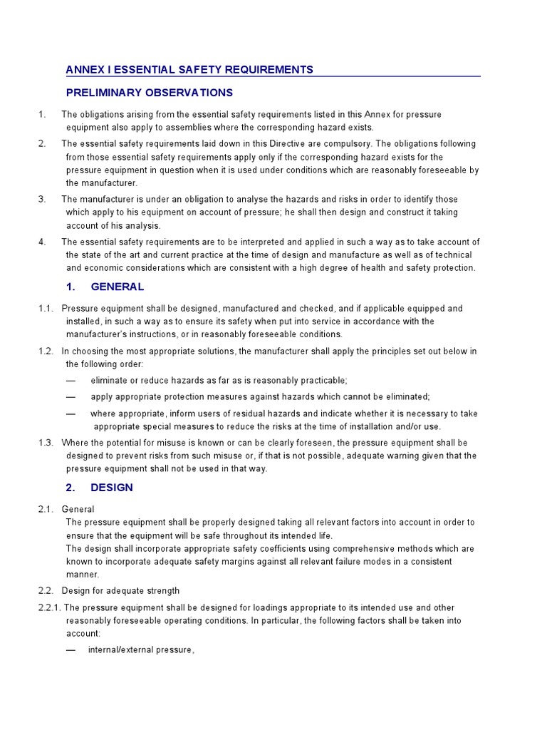 Annex 1 Essential Safety Requirement PDF Strength Of Materials