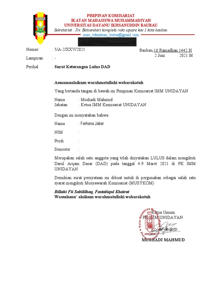 SURAT KETERANGAN LULUS DAD Farhana Jabar | PDF