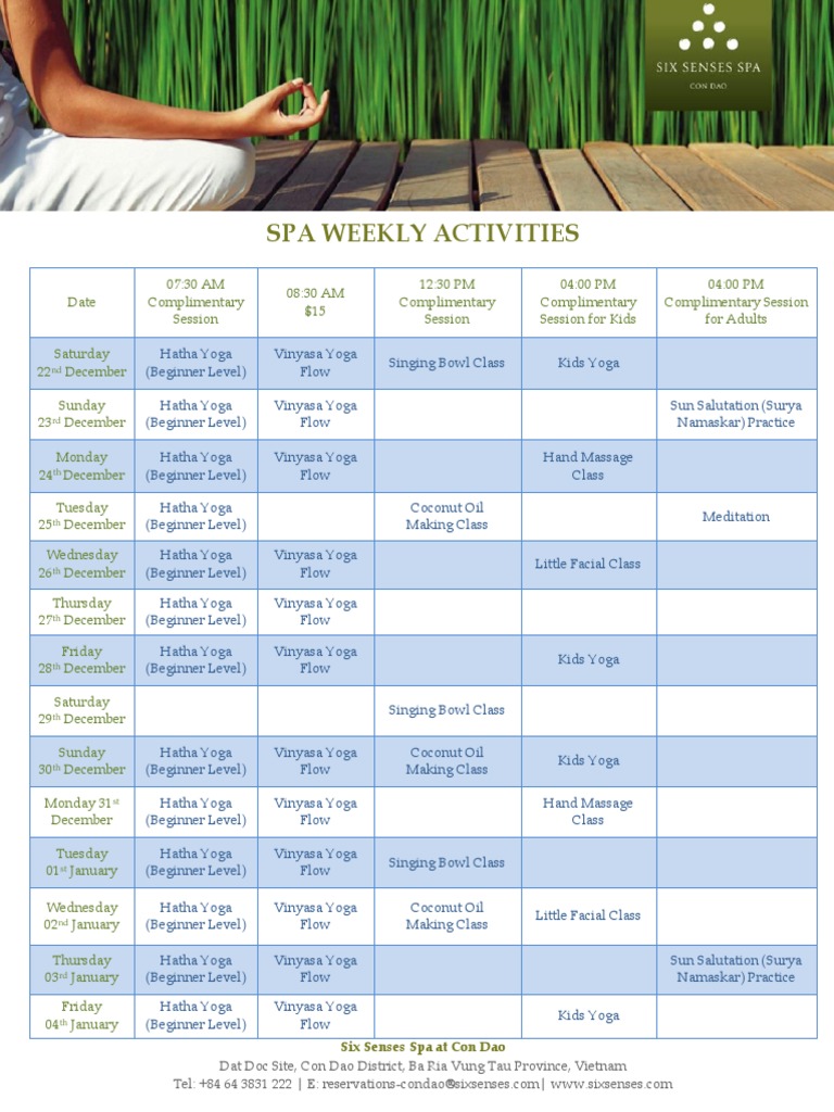 Weekly Spa Activities Schedule | PDF | Physical Fitness | Nondualism