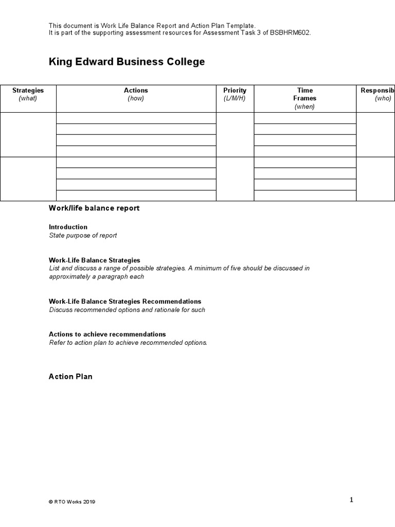 Work Life Balance Report and Action Plan Template 11.00.19 PM | PDF