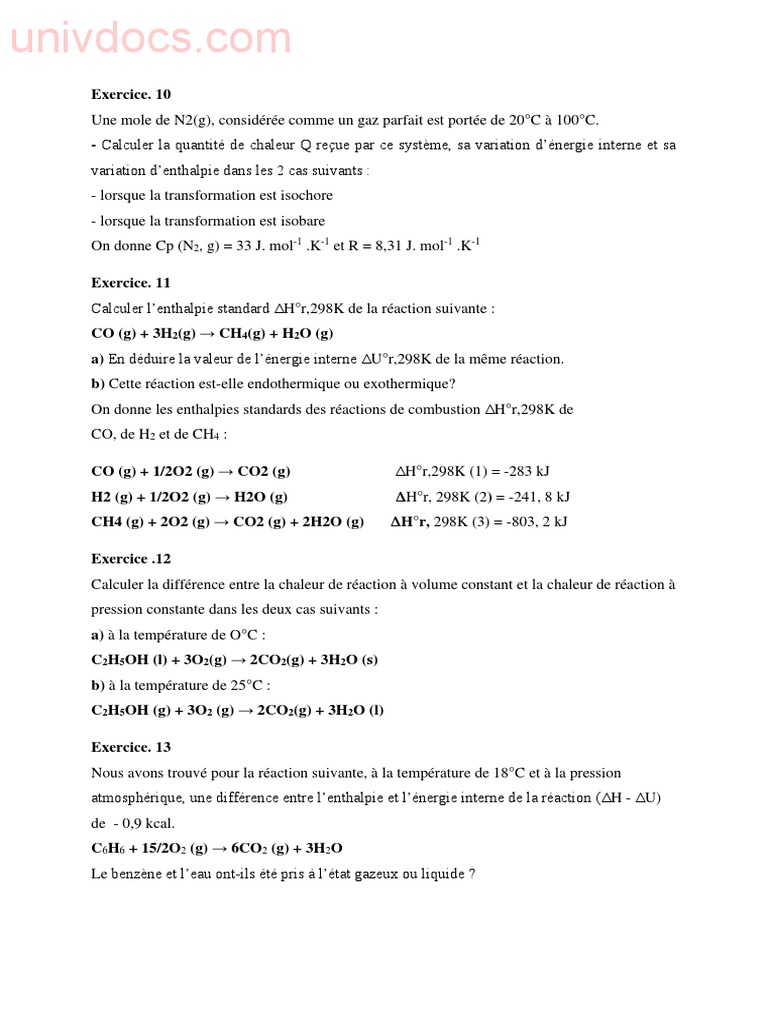 Calculs d'Enthalpie en Chimie | PDF | Enthalpie | Propriétés ...