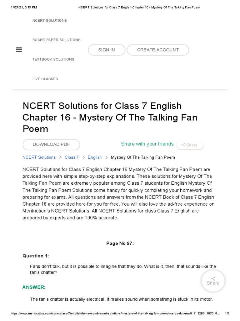 NCERT Solutions For Class 7 English Chapter 16 Mystery of The Talking