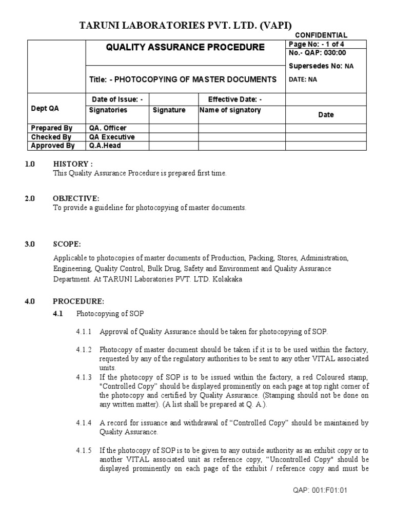 Photocopying Master Documents Procedure | PDF | Quality Assurance ...