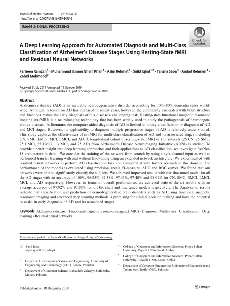 Deep Learning for Alzheimer's Stages | PDF | Functional Magnetic ...