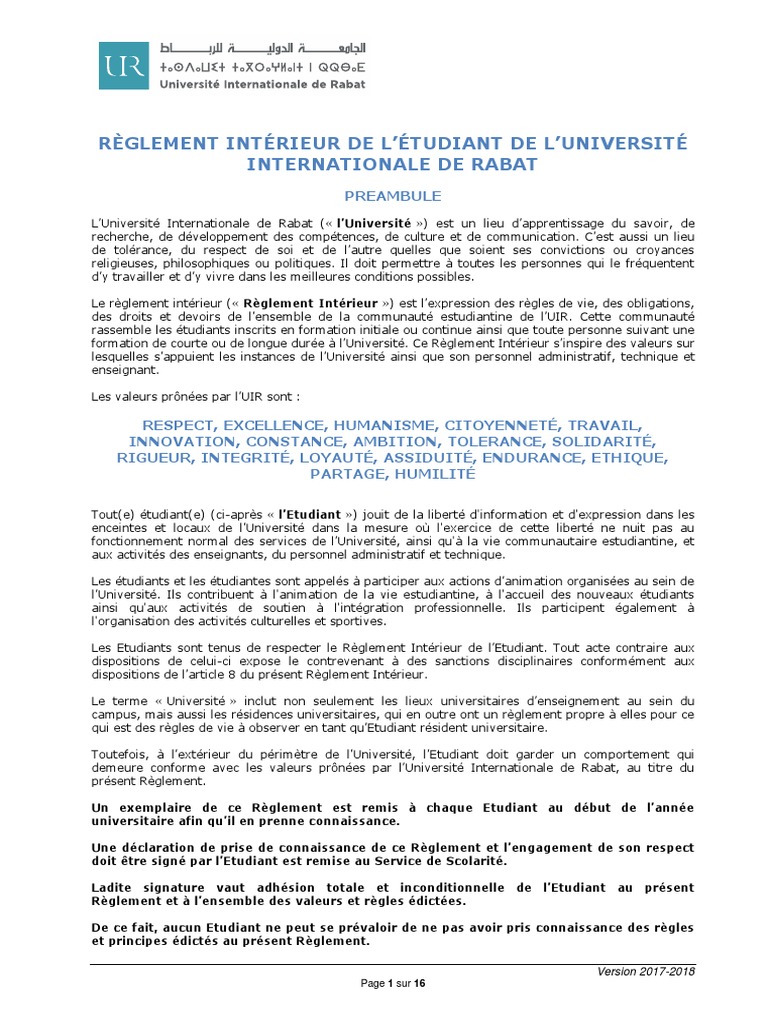 Règlement Intérieur de l'Étudiant UIR | PDF | Étudiants | Harcèlement
