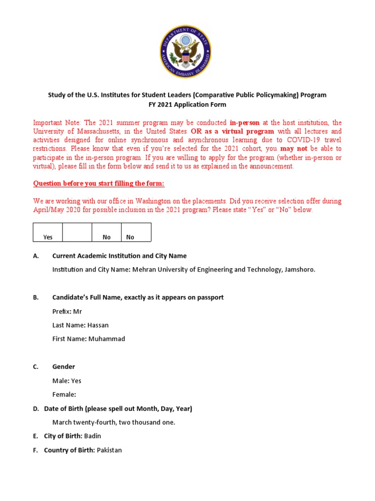 2021 U.S. Student Leaders Program Application | PDF | Leadership | Policy