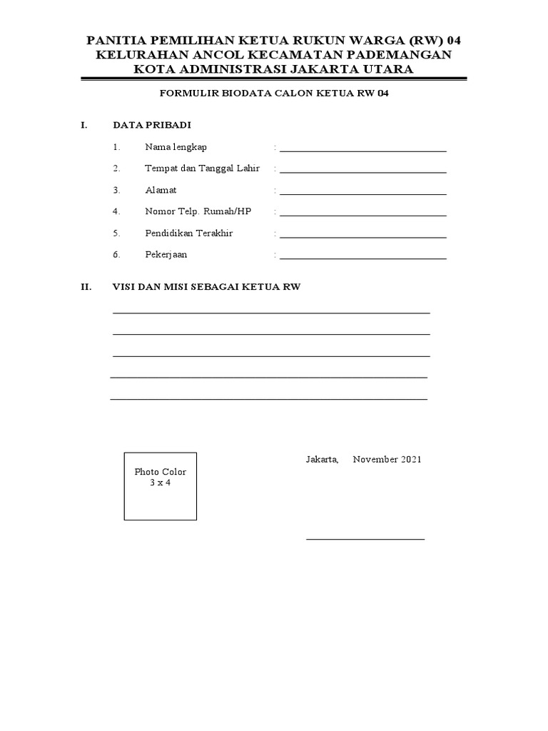 Formulir Pendaftaran Calon Ketua RW | PDF