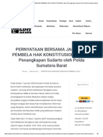 PERNYATAAN BERSAMA JARINGAN PEMBELA HAK KONSTITUSIONAL - Atas Penangkapan Sudarto Oleh Polda Sumatera Barat