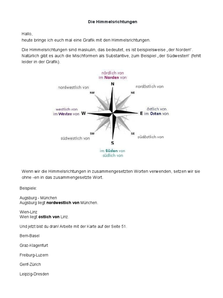 Die Himmelsrichtungen - Orientierung Auf Der Landkarte  PDF