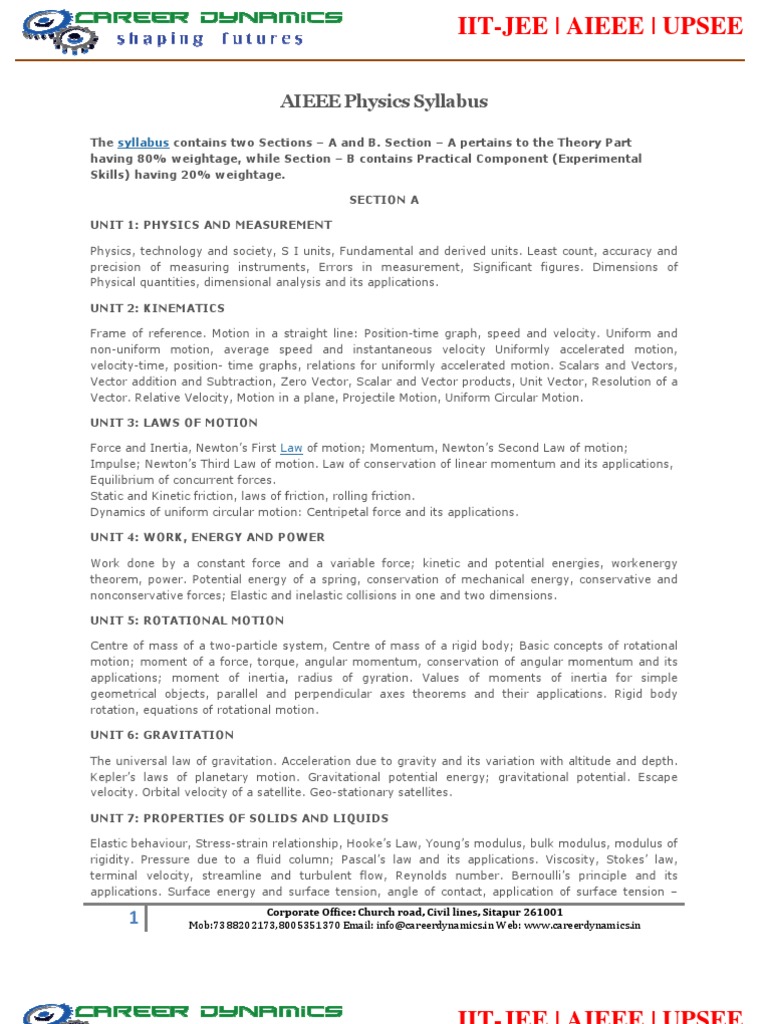 AIEEE Physics Exam Syllabus Overview | PDF | Force | Electric Current