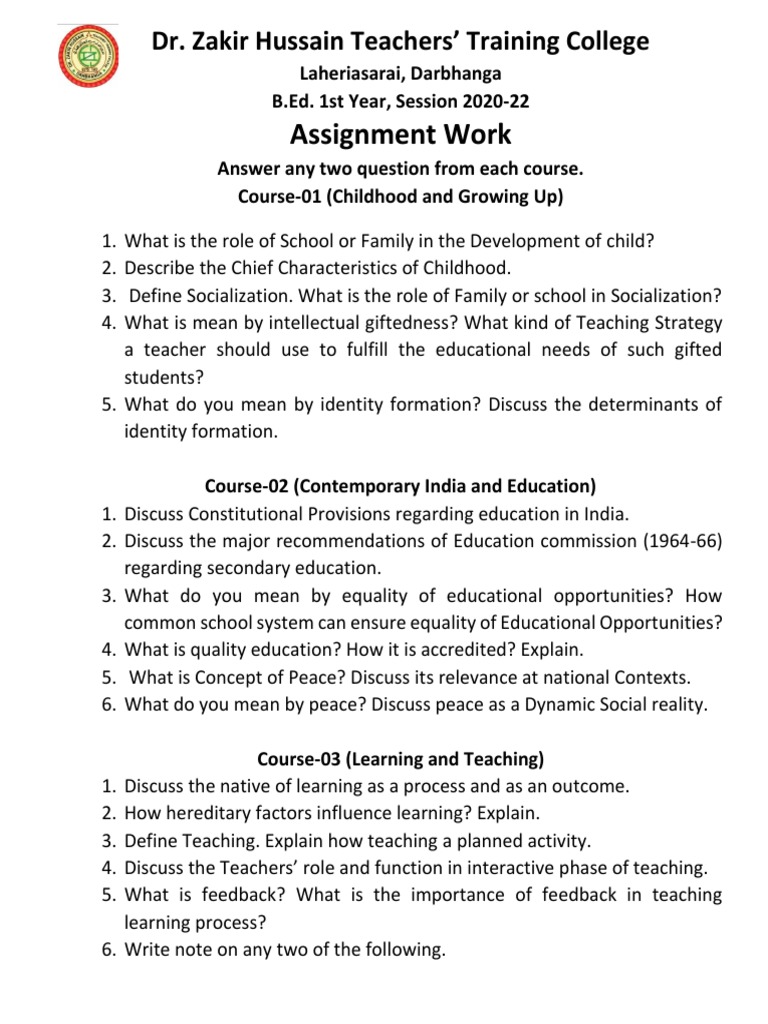 B.Ed. 1st Year Assignment Questions | PDF | Pedagogy | Gender Studies