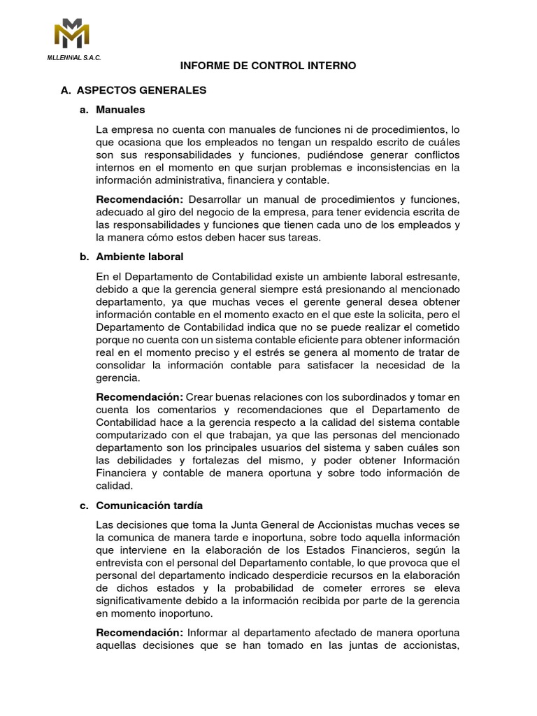 Informe de Control Interno | PDF | Contabilidad | Estado financiero