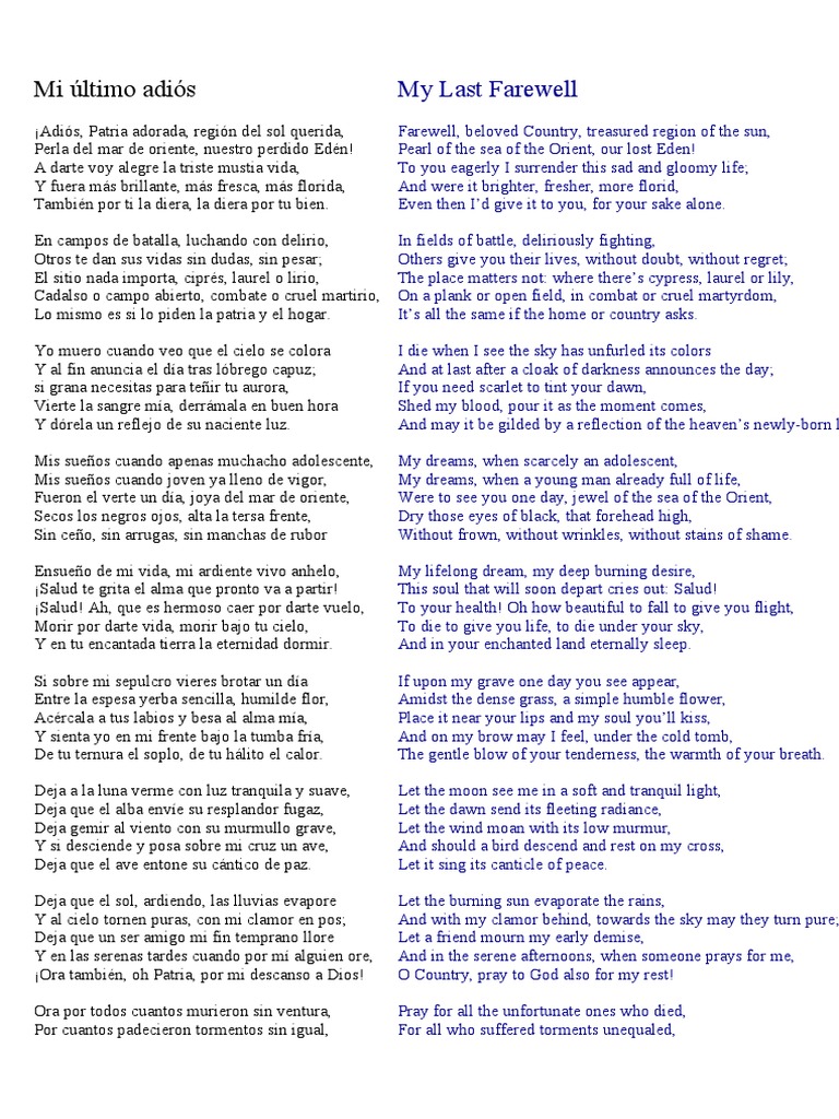 Mi Ultimo Adiós - Jose Rizal | PDF | Trabajos | Poesía