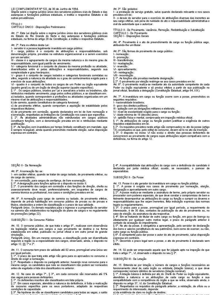 LEI COMPLEMENTAR #122, de 30 de Junho de 1994. | PDF | Férias ...