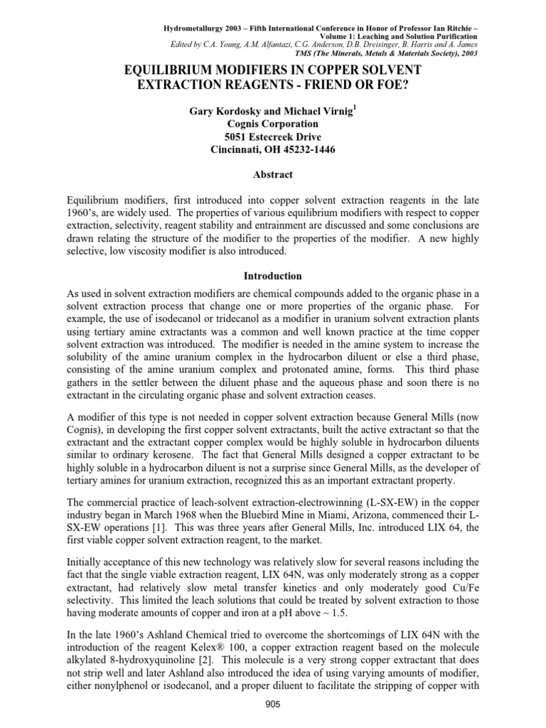 Equlibrium Modifiers in Copper Solvent Extraction Reagents-Friend or ...