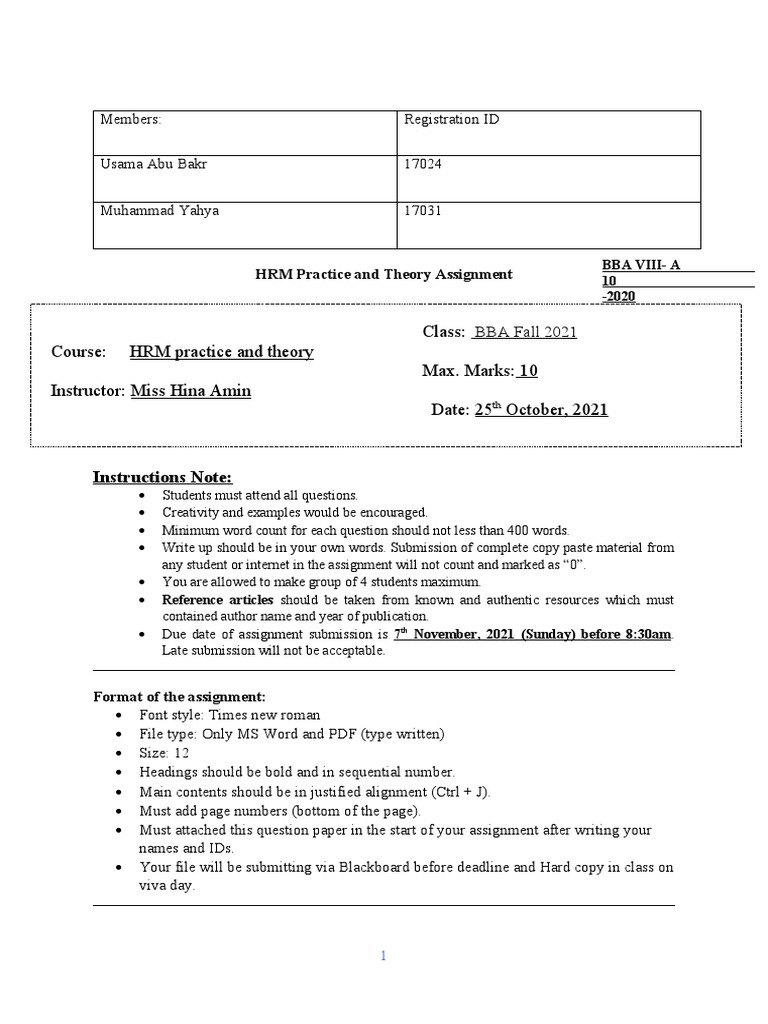 Assignment 1 HRM Fall 2021-IU Final | PDF | Human Resource Management ...