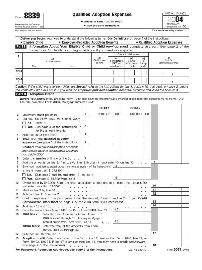 US Internal Revenue Service: f8839 - 2004 | PDF | Internal Revenue