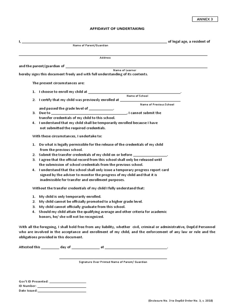 DepEd Affidavit of Undertaking 2024 | PDF | Credential | Common Law