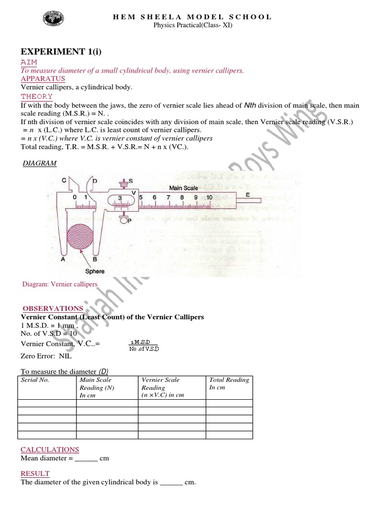 Experiment 1 (I) To Measure Diameter of A Small Cylindrical Bod Using