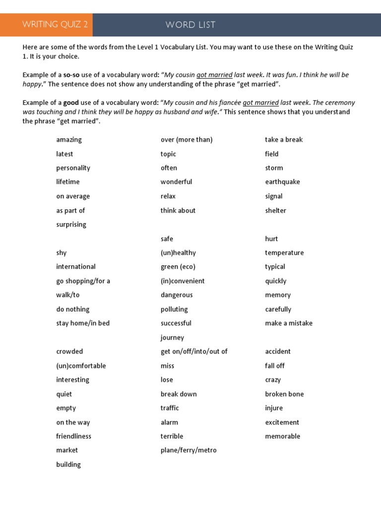 Level 1 Vocabulary Words for Writing Quiz | PDF