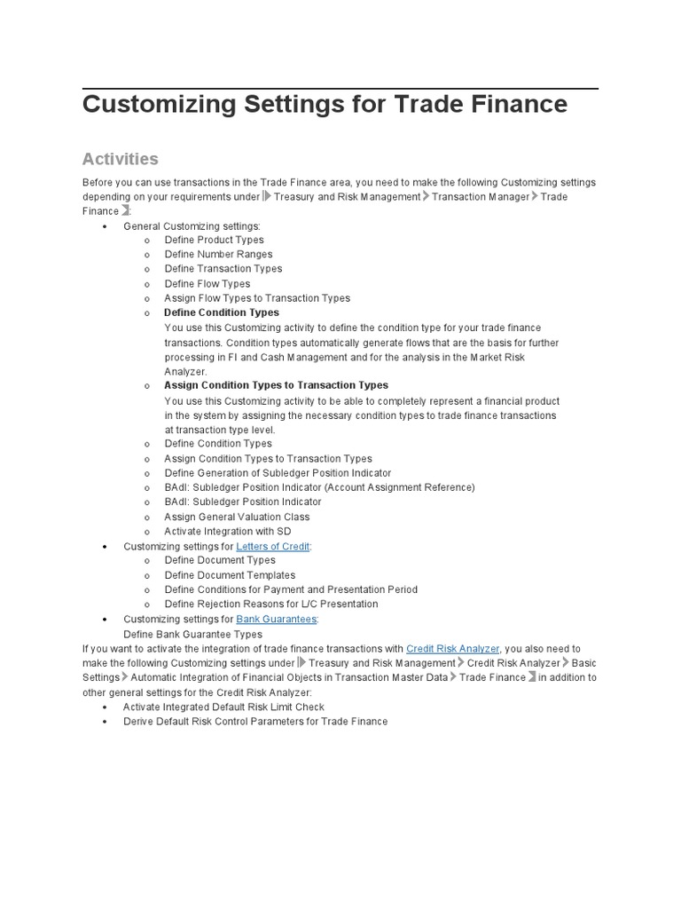 Customizing Settings For Trade Finance: Activities | PDF