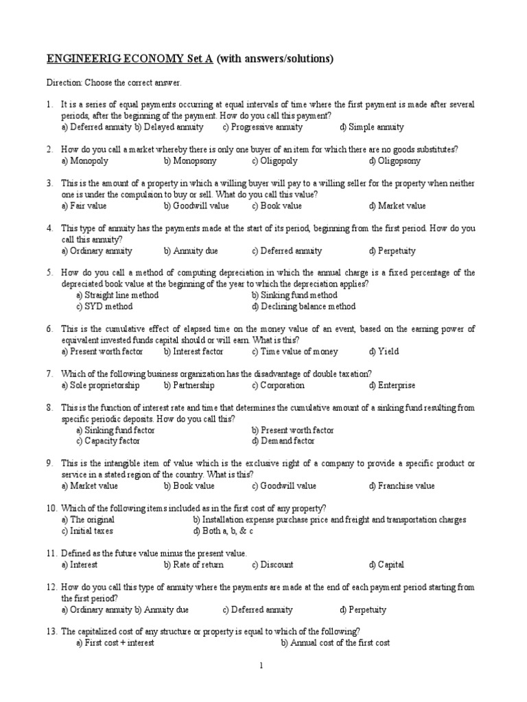 ENGINEERIG ECONOMY Set A (With Answers/solutions) | PDF | Depreciation ...