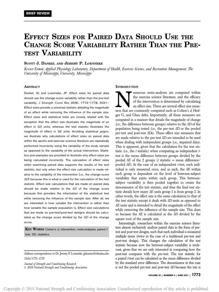 Effect Sizes For Paired Data Should Use The Change Score Variability ...