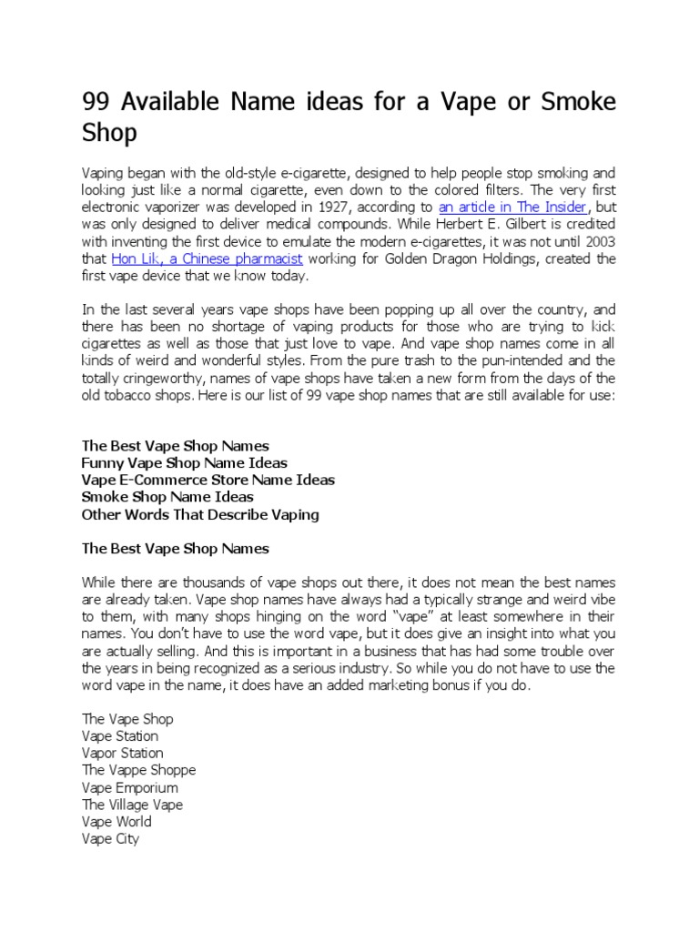 Creative Names for Vape and Smoke Shops | PDF | Electronic Cigarette