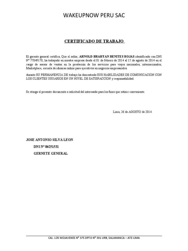 Certificado de Trabajo Asesor de Ventas | PDF