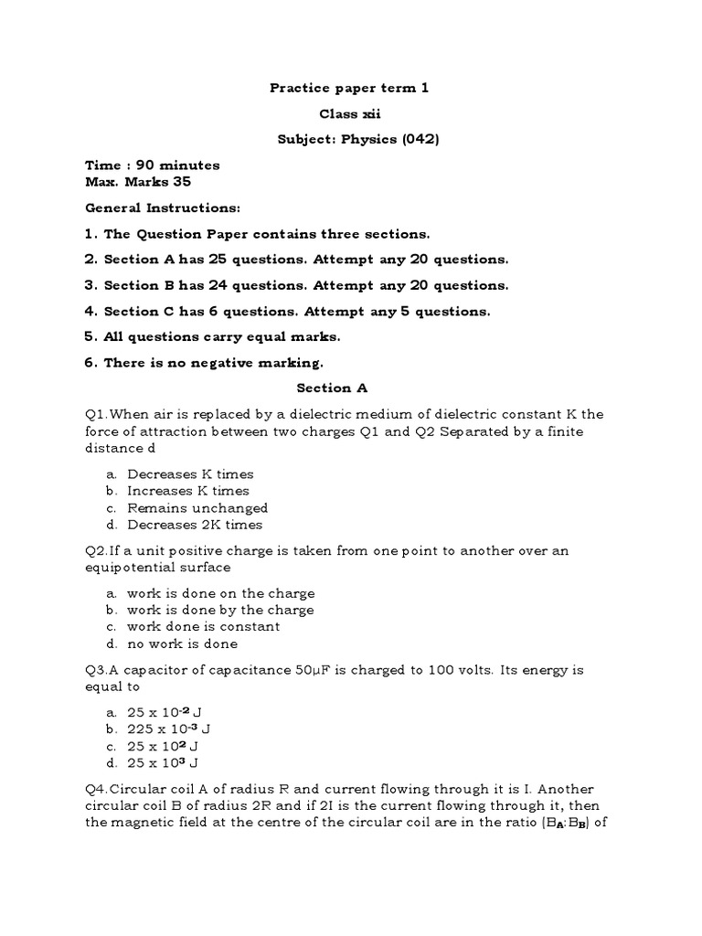 Class XII Physics Term 1 Practice Paper | PDF | Inductor | Electrical ...